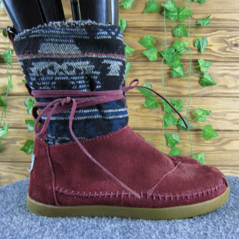Toms Burgundy Suede Knit Trim‎ Ankle Boots Women Size 6 Comfortable Casual